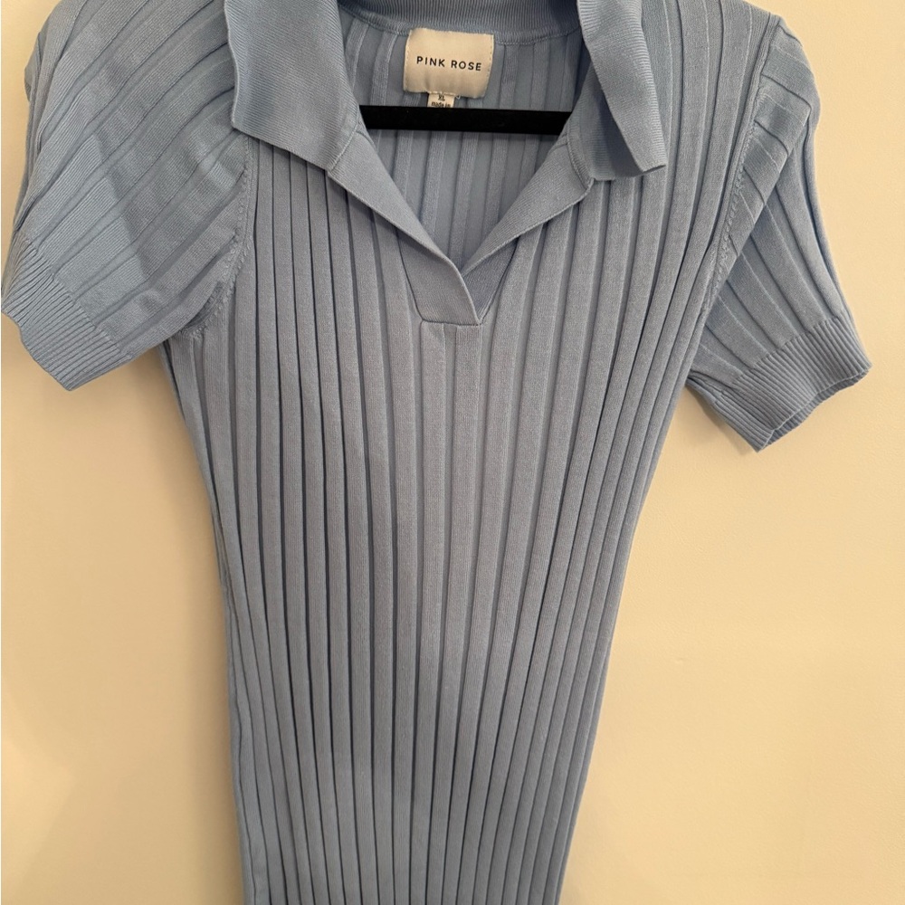 Pink Rose Women's Blue Ribbed Short Sleeve Dress